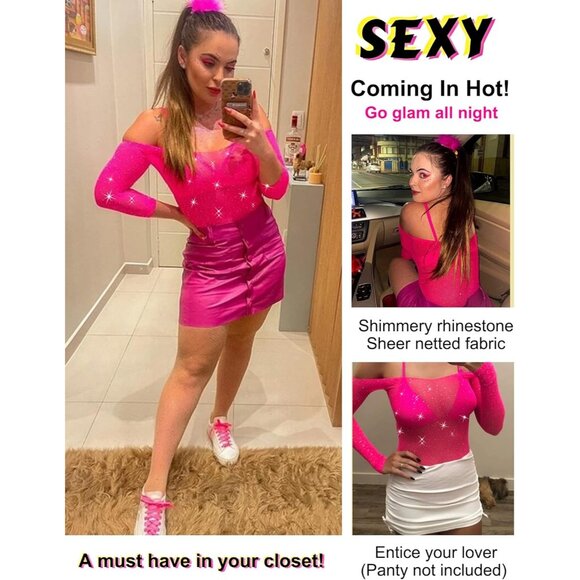 Women Pink Lingerie Fishnet Teddy Sparkle Rhinestone One Piece Mesh Bodysuit - Picture 2 of 4